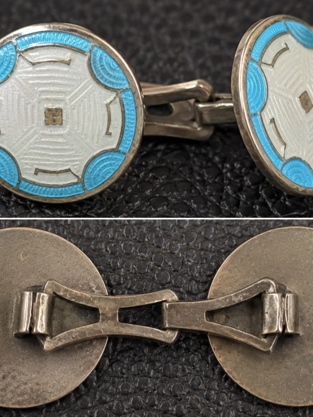 Vintage Russian Guilloché Enamel Cufflinks Turquoise White Melchior 🇨🇳
